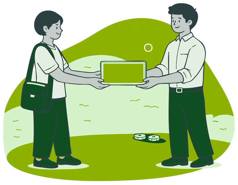 Two people exchanging a tablet.